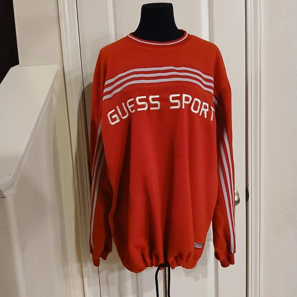 Rare Vintage Guess Sport USA Red Striped Crewneck Drawstring Sweatshirt XL